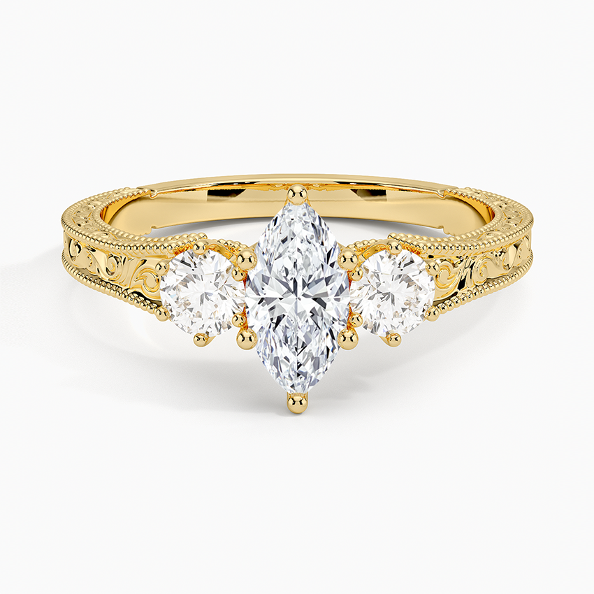 1/2Ct Marquise Lab Grown Diamond Engraved Three Stone Diamond Ring