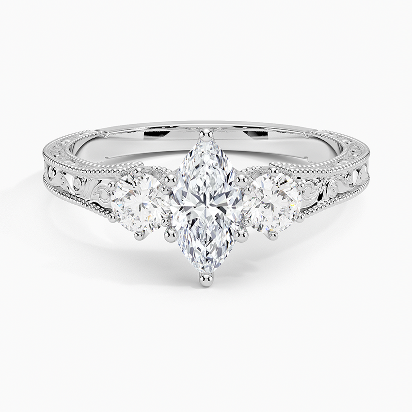 1/2Ct Marquise Lab Grown Diamond Engraved Three Stone Diamond Ring