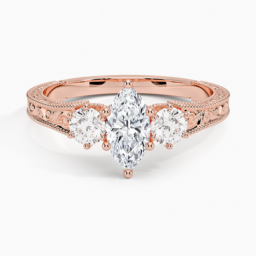 1/2Ct Marquise Lab Grown Diamond Engraved Three Stone Diamond Ring