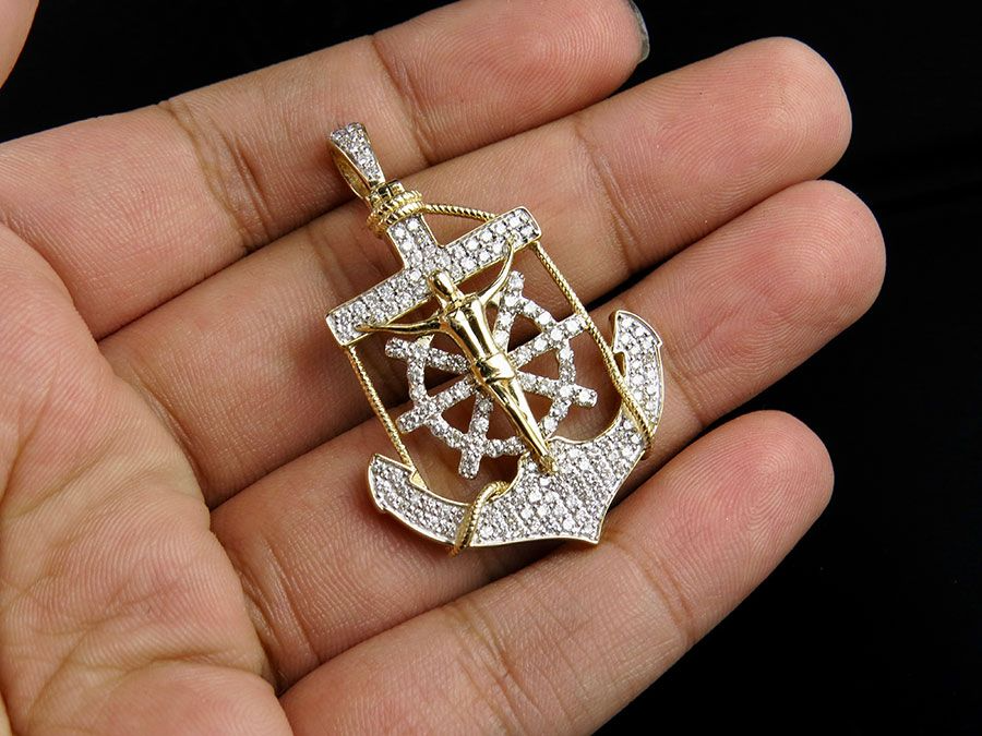 Lab Grown Diamond 10K Anchor Crucified Jesus Cross Pendant