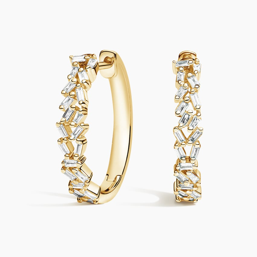 1/4 CTW Baguette Diamond Cluster Hoop Earrings In Yellow Gold