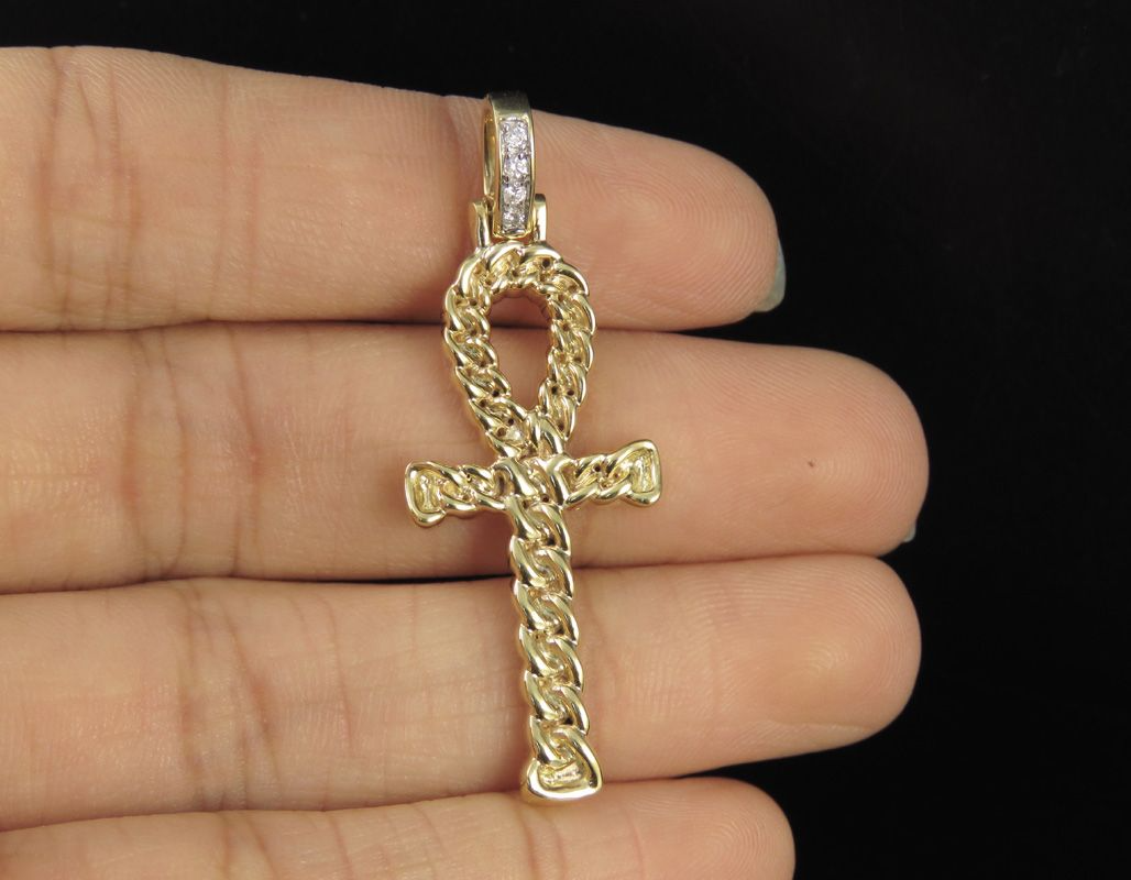 10K Lab Grown Diamond Cuban Ankh Cross Pendant