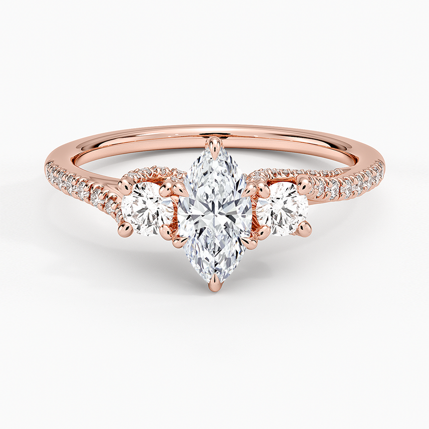 1/2CT Marquise Lab Grown Diamond Gold Three Stone Pave Diamond Ring