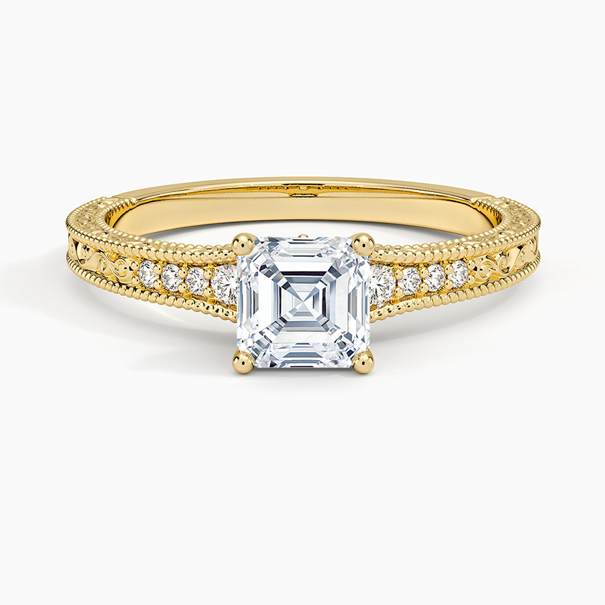 3/4CT Asscher Lab Grown Diamond Engraved Engagement Ring