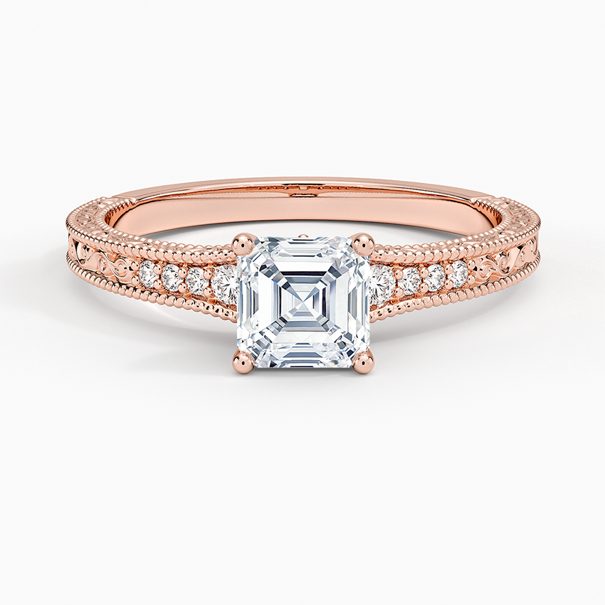 3/4CT Asscher Lab Grown Diamond Engraved Engagement Ring