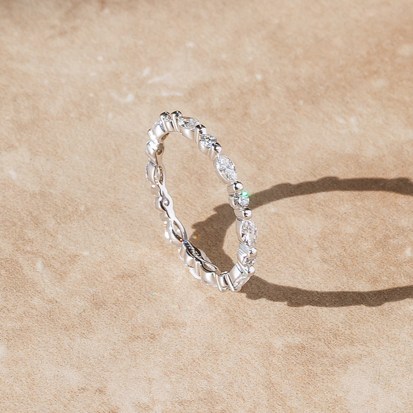 Round And Marquise Lab Grown Diamond Alternative 14k Gold Band