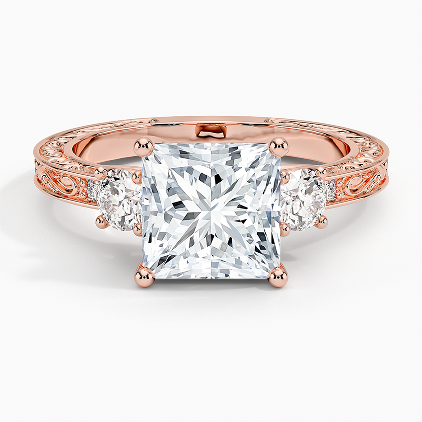 2Ct Princess Lab Grown Diamond Three Stone Gold Engraved Ring