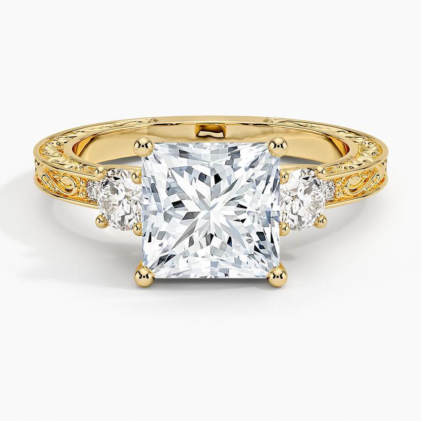 2Ct Princess Lab Grown Diamond Three Stone Gold Engraved Ring