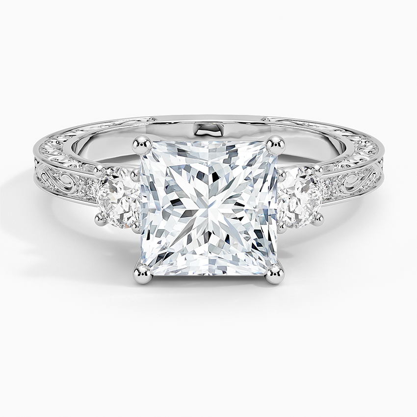 2Ct Princess Lab Grown Diamond Three Stone Gold Engraved Ring