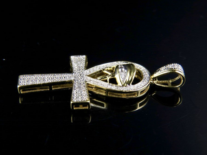 1.5 Inch 10K Lab Grown Diamond Eye of Ra Ankh Cross Pendant