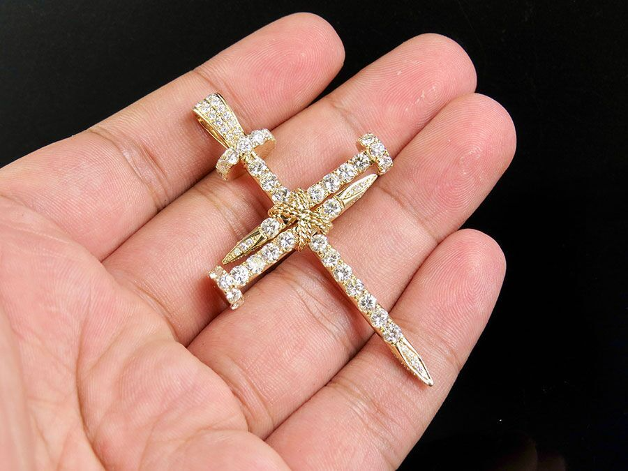 14K Solid Gold Nail Cross Lab Grown Diamond Pendant