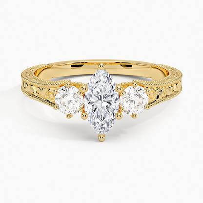 1/2Ct Marquise Lab Grown Diamond Engraved Three Stone Diamond Ring