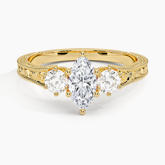 1/2Ct Marquise Lab Grown Diamond Engraved Three Stone Diamond Ring