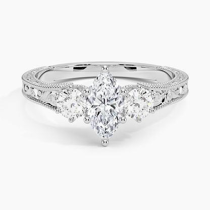 1/2Ct Marquise Lab Grown Diamond Engraved Three Stone Diamond Ring