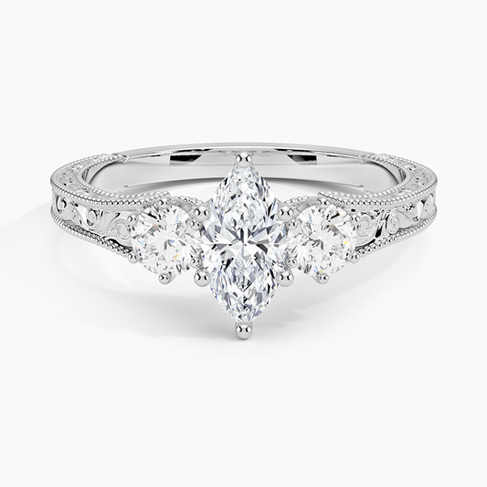 1/2Ct Marquise Lab Grown Diamond Engraved Three Stone Diamond Ring