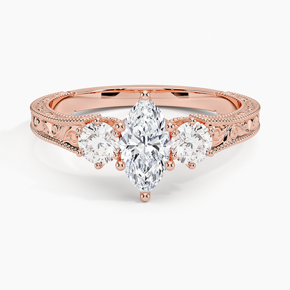 1/2Ct Marquise Lab Grown Diamond Engraved Three Stone Diamond Ring