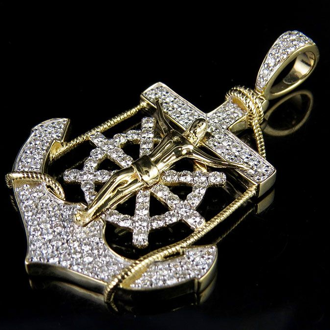 Lab Grown Diamond 10K Anchor Crucified Jesus Cross Pendant