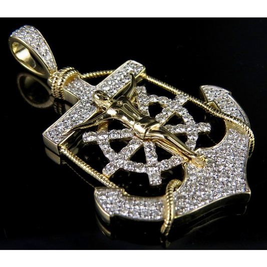 Lab Grown Diamond 10K Anchor Crucified Jesus Cross Pendant