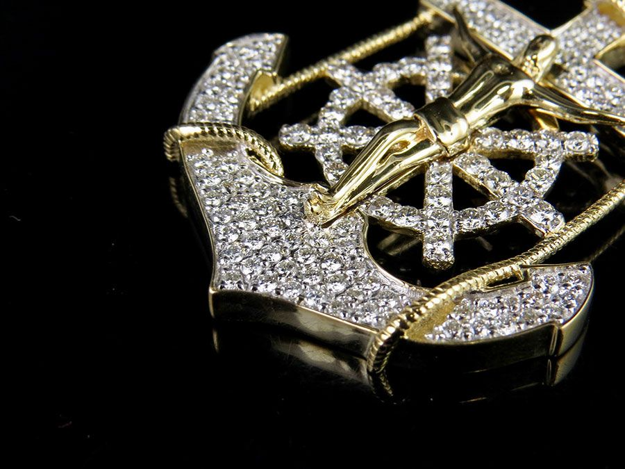 Lab Grown Diamond 10K Anchor Crucified Jesus Cross Pendant