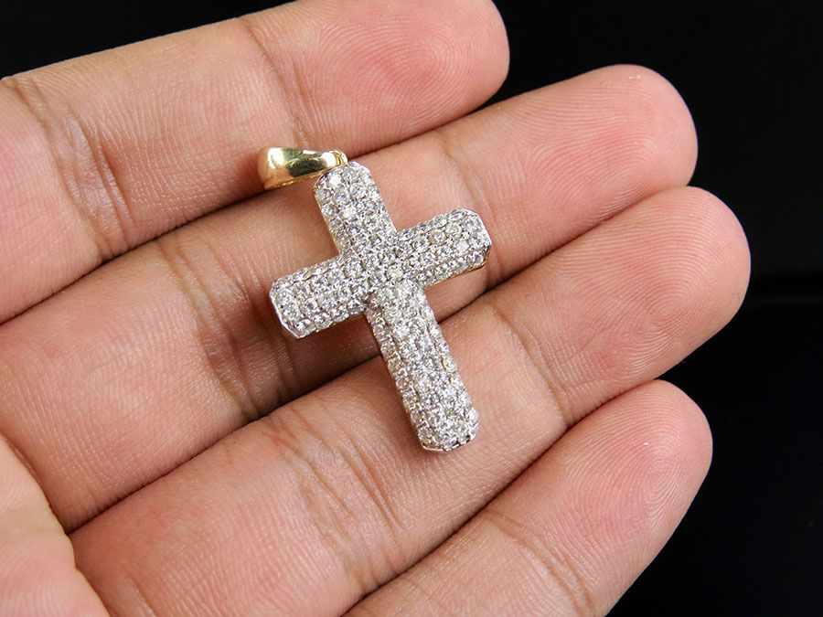 14K Lab Grown Diamond Puff Style 4 Row Cross Pendant