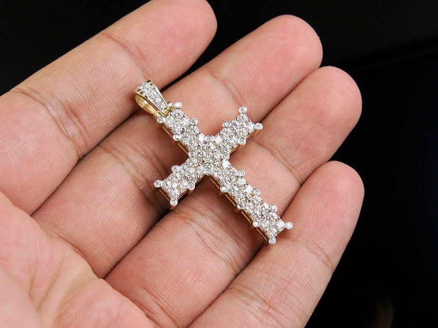 10k Lab Grown Diamond Two Row Prong Cross Pendant