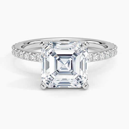 3Ct Asscher Lab Grown Diamond Gold Shared Prong Three-Quarter Coverage Diamond Ring