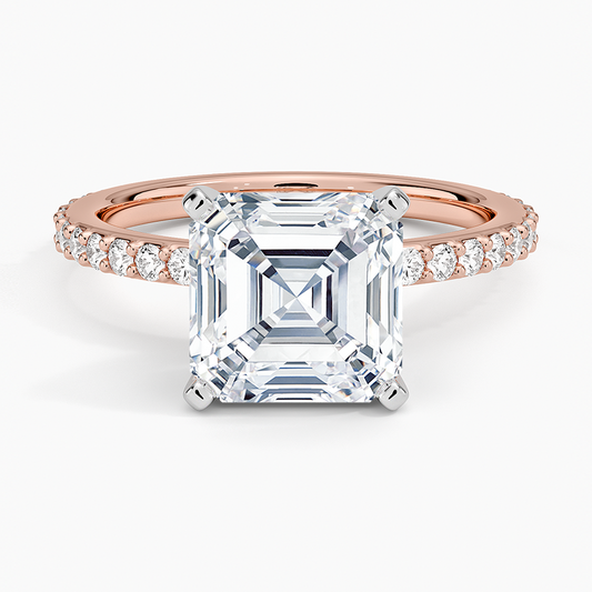 3Ct Asscher Lab Grown Diamond Gold Shared Prong Three-Quarter Coverage Diamond Ring