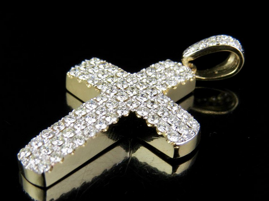 14K Puff Style Lab Grown Diamond 3 Row Cross Pendant