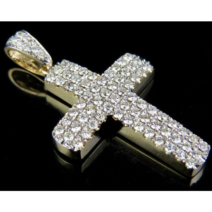 14K Puff Style Lab Grown Diamond 3 Row Cross Pendant