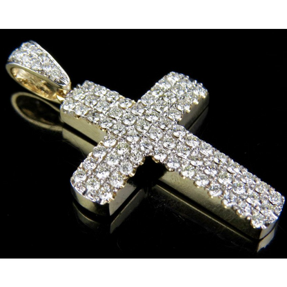 14K Puff Style Lab Grown Diamond 3 Row Cross Pendant