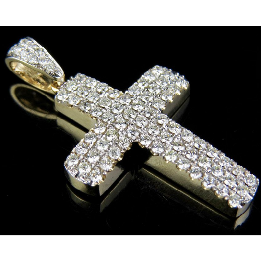 14K Puff Style Lab Grown Diamond 3 Row Cross Pendant