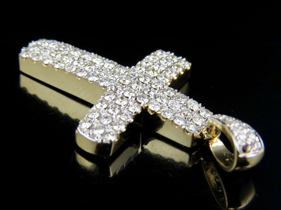 14K Puff Style Lab Grown Diamond 3 Row Cross Pendant