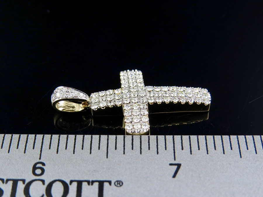 14K Puff Style Lab Grown Diamond 3 Row Cross Pendant