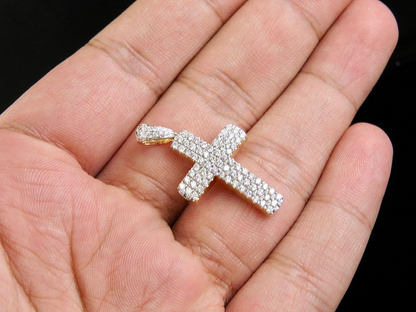 14K Puff Style Lab Grown Diamond 3 Row Cross Pendant