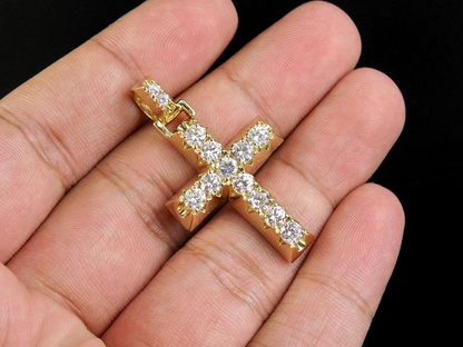 14K Solid Gold Pyramid Prong Lab Grown Diamond Cross Charm
