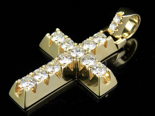 14K Solid Gold Pyramid Prong Lab Grown Diamond Cross Charm