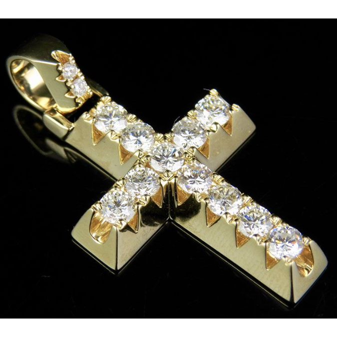 14K Solid Gold Pyramid Prong Lab Grown Diamond Cross Charm