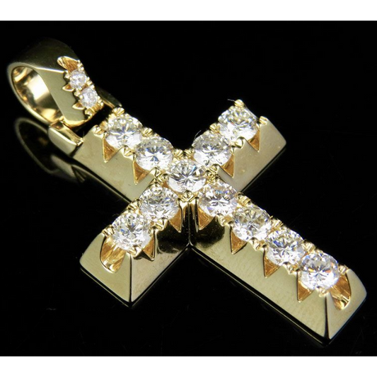 14K Solid Gold Pyramid Prong Lab Grown Diamond Cross Charm