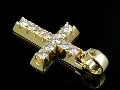 14K Solid Gold Pyramid Prong Lab Grown Diamond Cross Charm