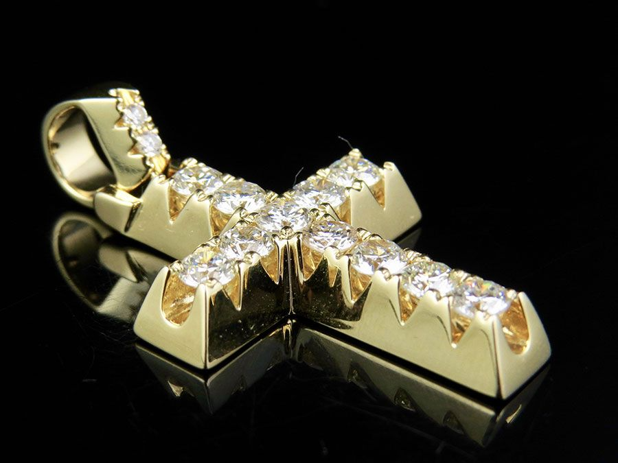 14K Solid Gold Pyramid Prong Lab Grown Diamond Cross Charm
