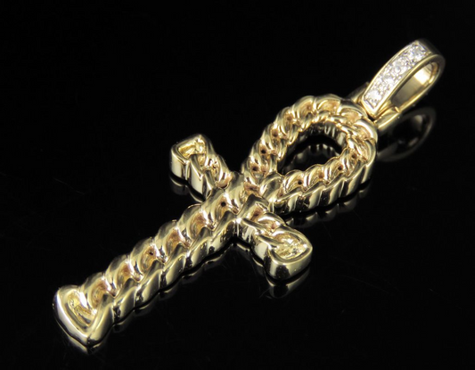 10K Lab Grown Diamond Cuban Ankh Cross Pendant