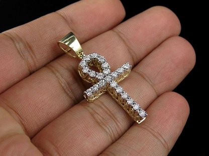 10K Lab Grown Diamond 3D Miracle Ankh Cross Pendant .