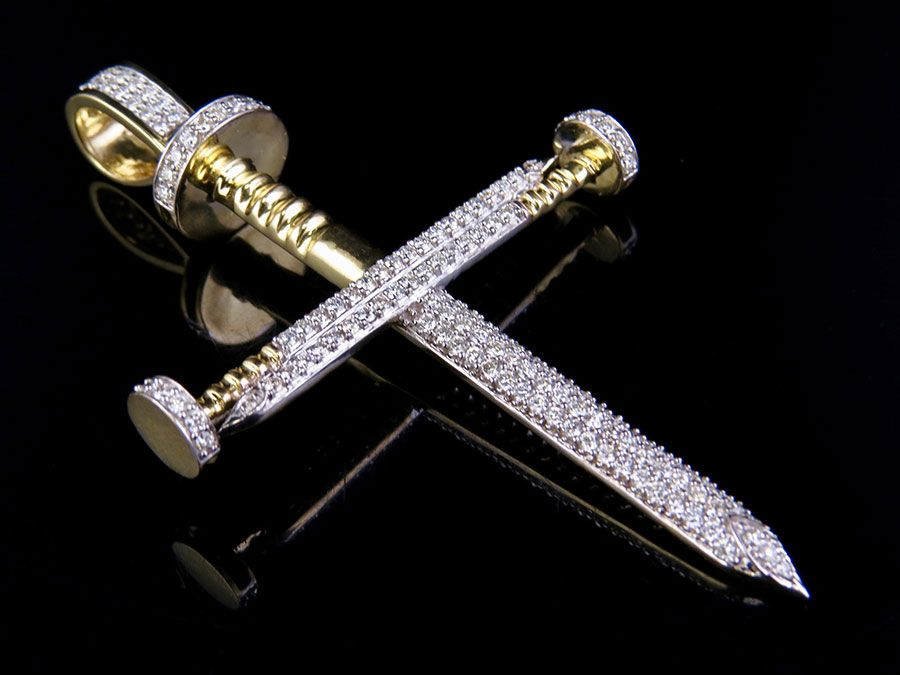 3 Inch 10K Nail Cross Lab Grown Diamond Pendant Charm
