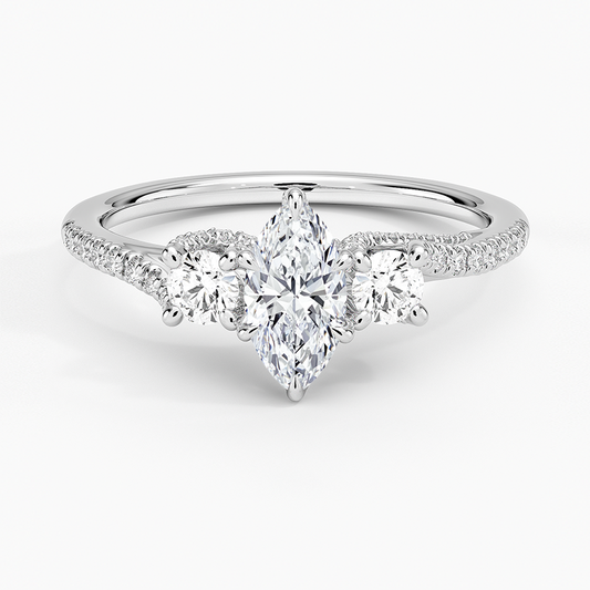 1/2CT Marquise Lab Grown Diamond Gold Three Stone Pave Diamond Ring