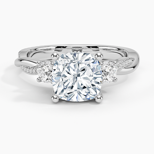 2Ct Cushion Lab Grown Diamond Twisted Vine Three Stone Diamond Ring