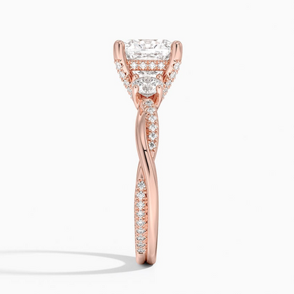 2Ct Cushion Lab Grown Diamond Twisted Vine Three Stone Diamond Ring