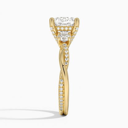 2Ct Cushion Lab Grown Diamond Twisted Vine Three Stone Diamond Ring