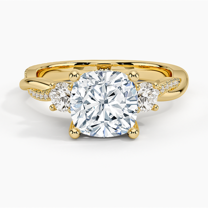 2Ct Cushion Lab Grown Diamond Twisted Vine Three Stone Diamond Ring