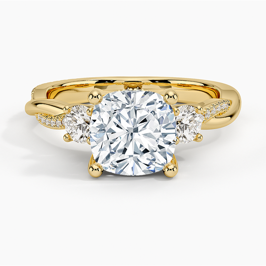2Ct Cushion Lab Grown Diamond Twisted Vine Three Stone Diamond Ring