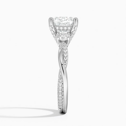 2Ct Cushion Lab Grown Diamond Twisted Vine Three Stone Diamond Ring